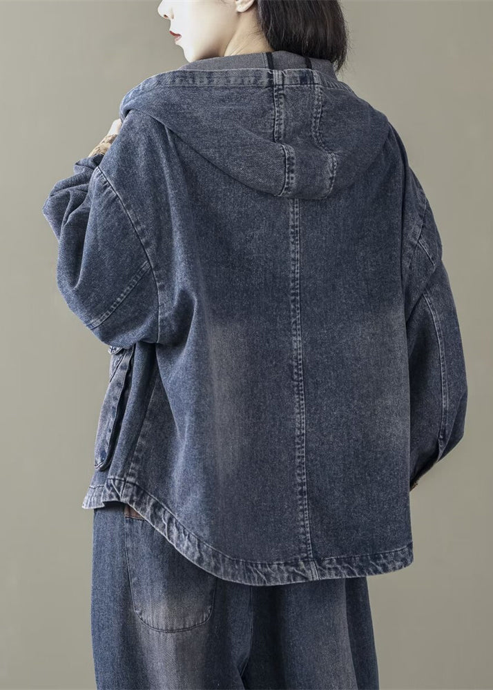 Blue Spring Casual Denim Coats Hooded Patchwork