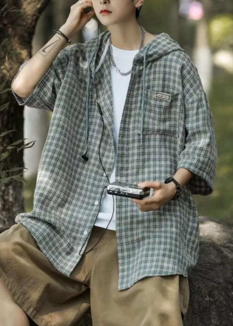 Shirt Summer Cotton Men Casual Plaid Button Blue Hooded
