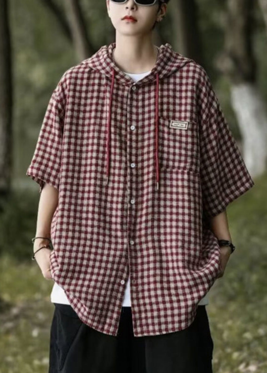 Shirt Summer Cotton Men Casual Plaid Button Blue Hooded