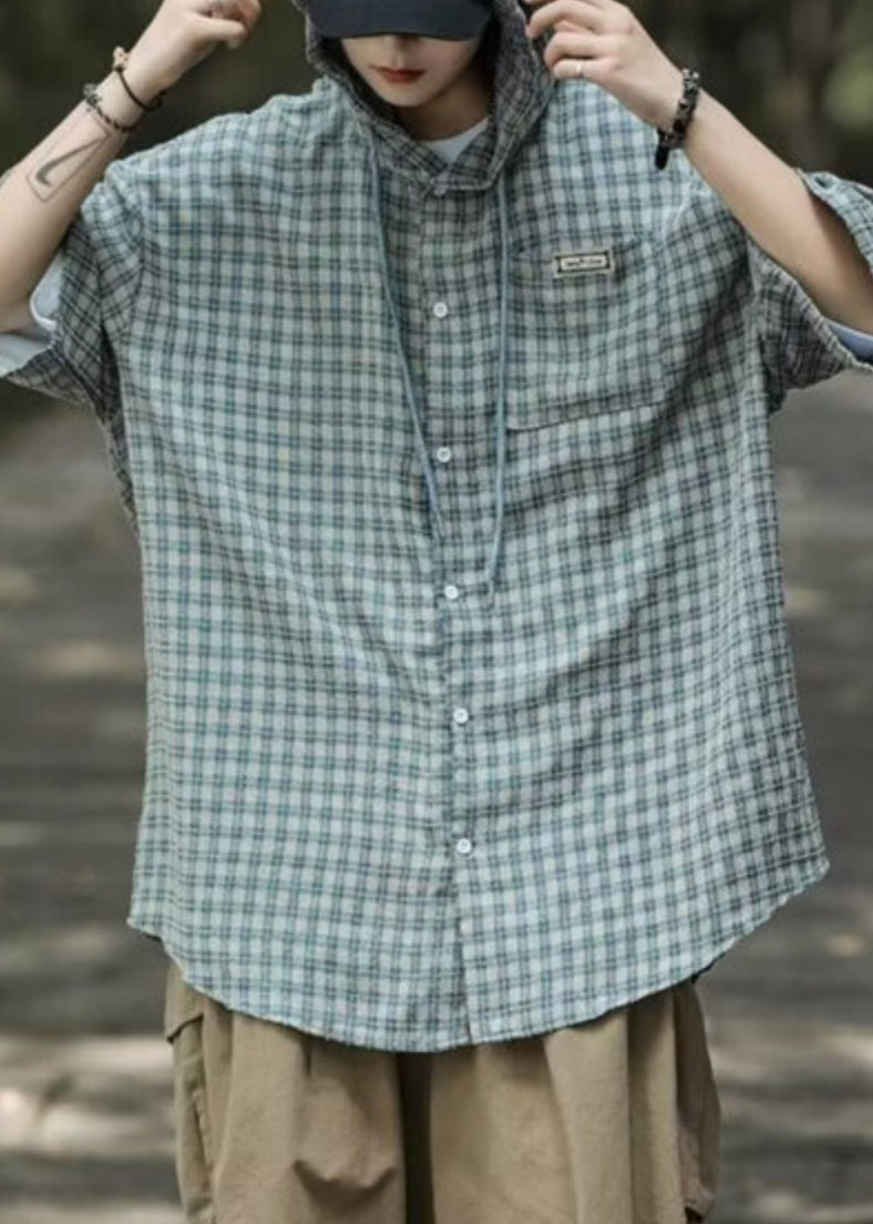 Shirt Summer Cotton Men Casual Plaid Button Blue Hooded