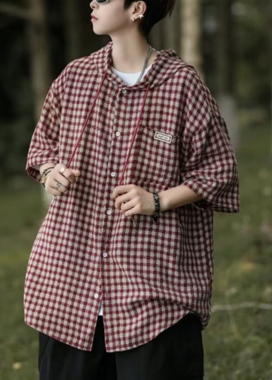 Shirt Summer Cotton Men Casual Plaid Button Blue Hooded