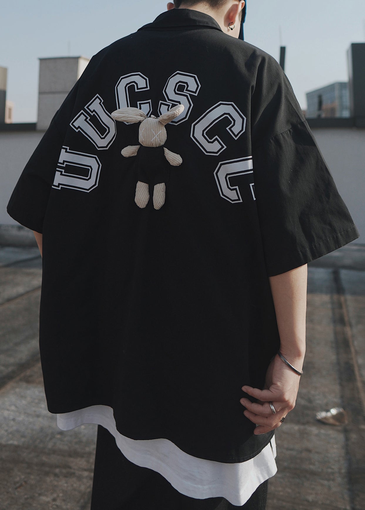 Shirts Men Blue Patchwork Oversized Cotton T Casual Half Letter