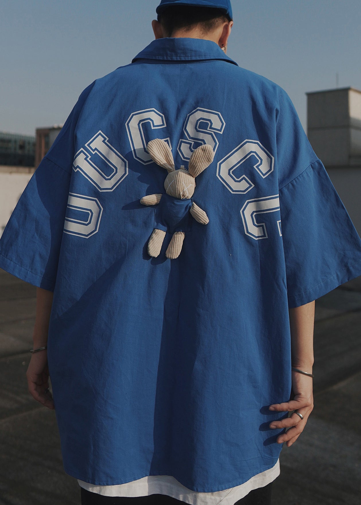 Sleeve Cotton Men Blue Shirts Casual Letter Half T Oversized Patchwork