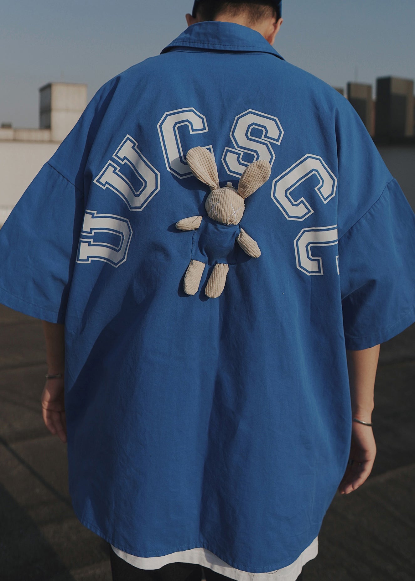 Shirts Men Blue Patchwork Oversized Cotton T Casual Half Letter