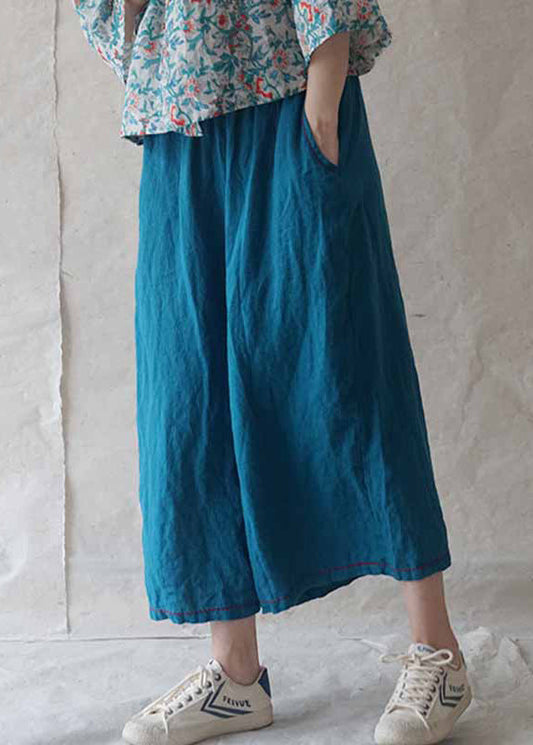 Casual Blue Pockets Solid Linen Wide Leg Pants Summer SS017