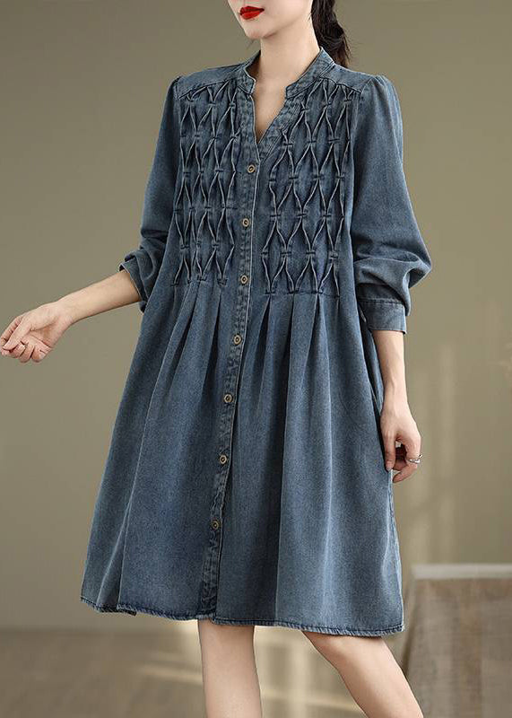 Button Casual Long Blue Sleeve Lantern Collar Stand Dress
