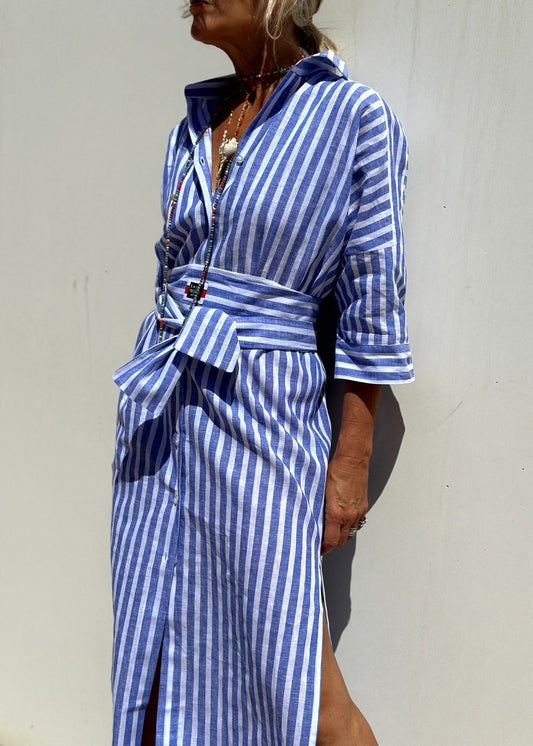Blue Long Striped Casual Open Patchwork Side Shirts Dress