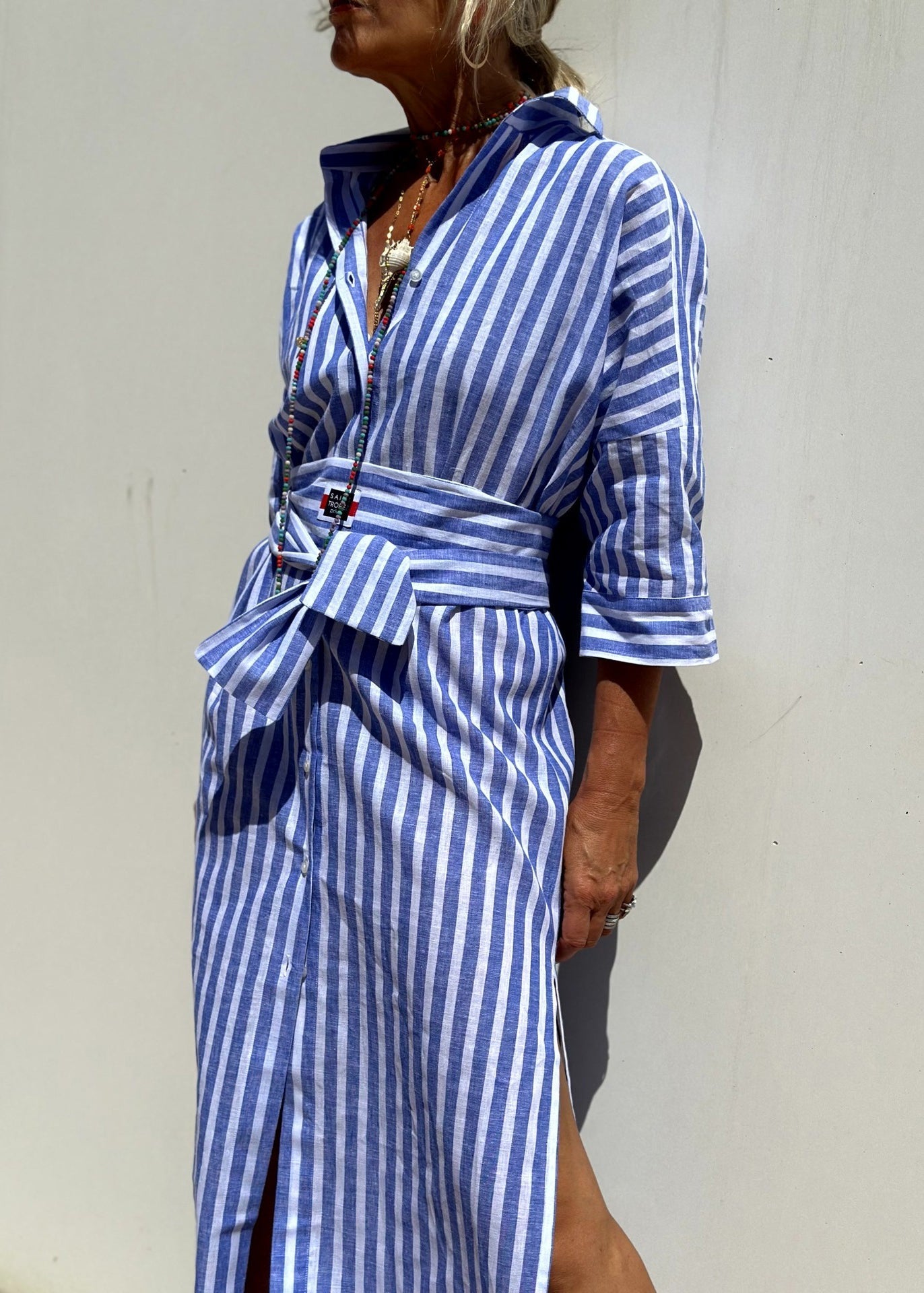 Patchwork Sleeve Blue Casual Bracelet Long Side Open Shirts Striped Dress