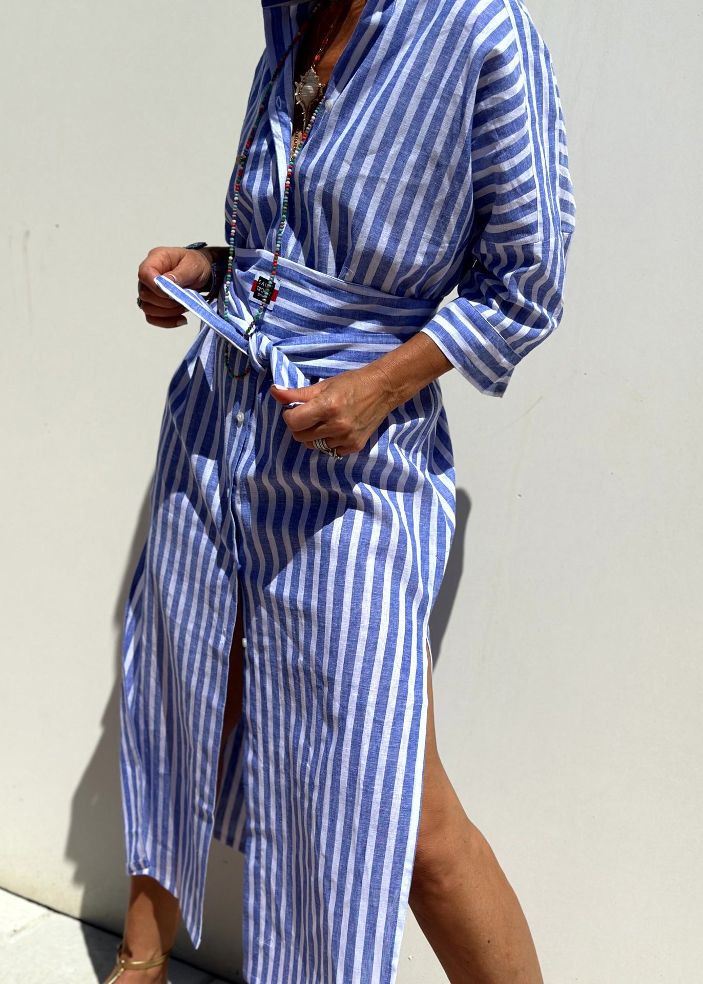 Blue Long Striped Casual Open Patchwork Side Shirts Dress