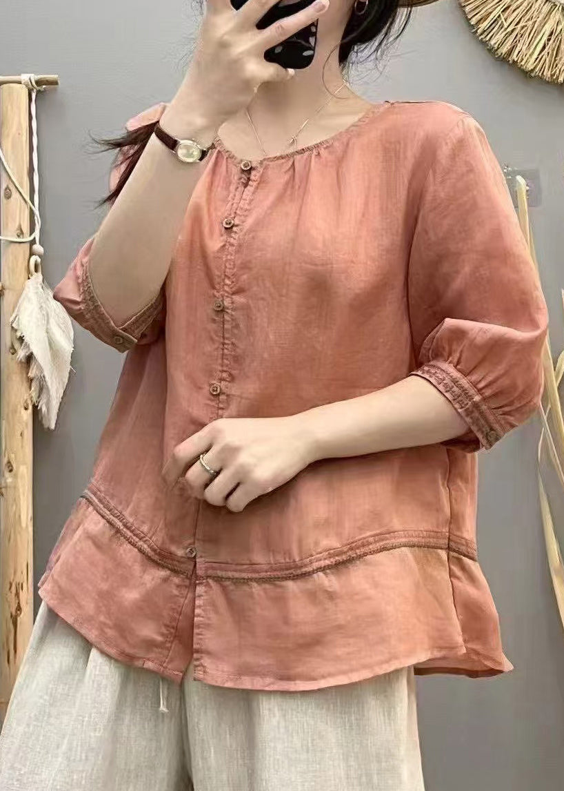 Red Blouse Brick Tops Patchwork Cotton Casual Summer Embroidered