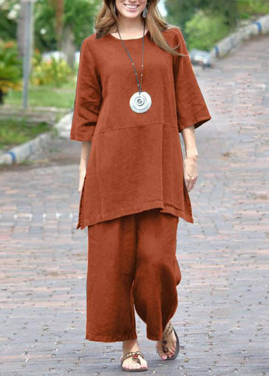 Top Side Pants Crop Two And Open Caramel Set Pieces Casual O-Neck