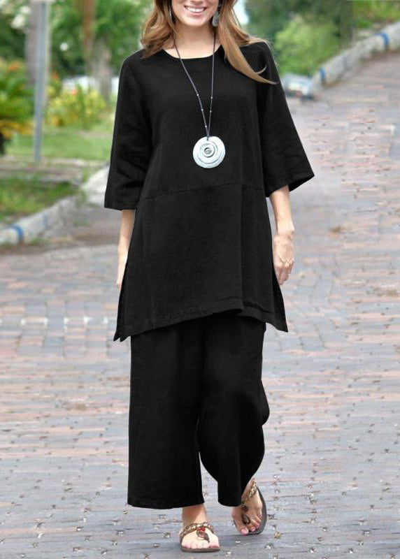 Top Side Pants Crop Two And Open Caramel Set Pieces Casual O-Neck