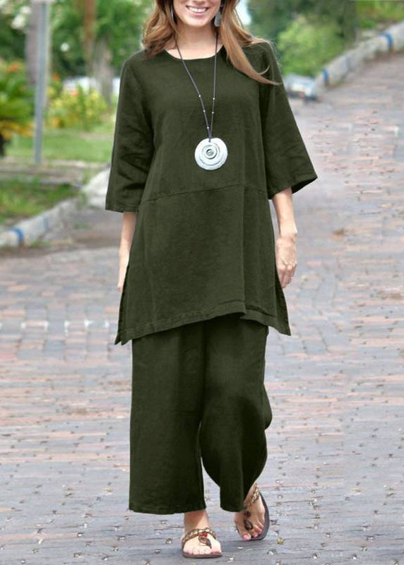 Top Side Pants Crop Two And Open Caramel Set Pieces Casual O-Neck