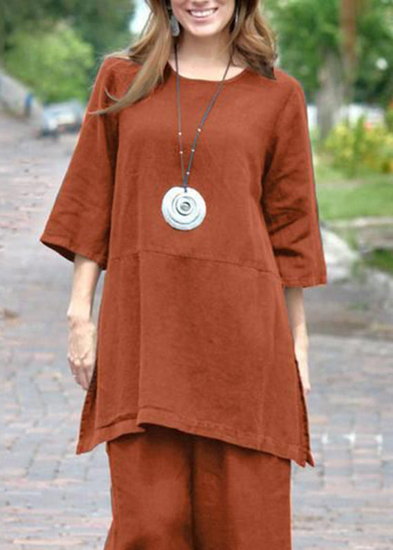 Top Side Pants Crop Two And Open Caramel Set Pieces Casual O-Neck