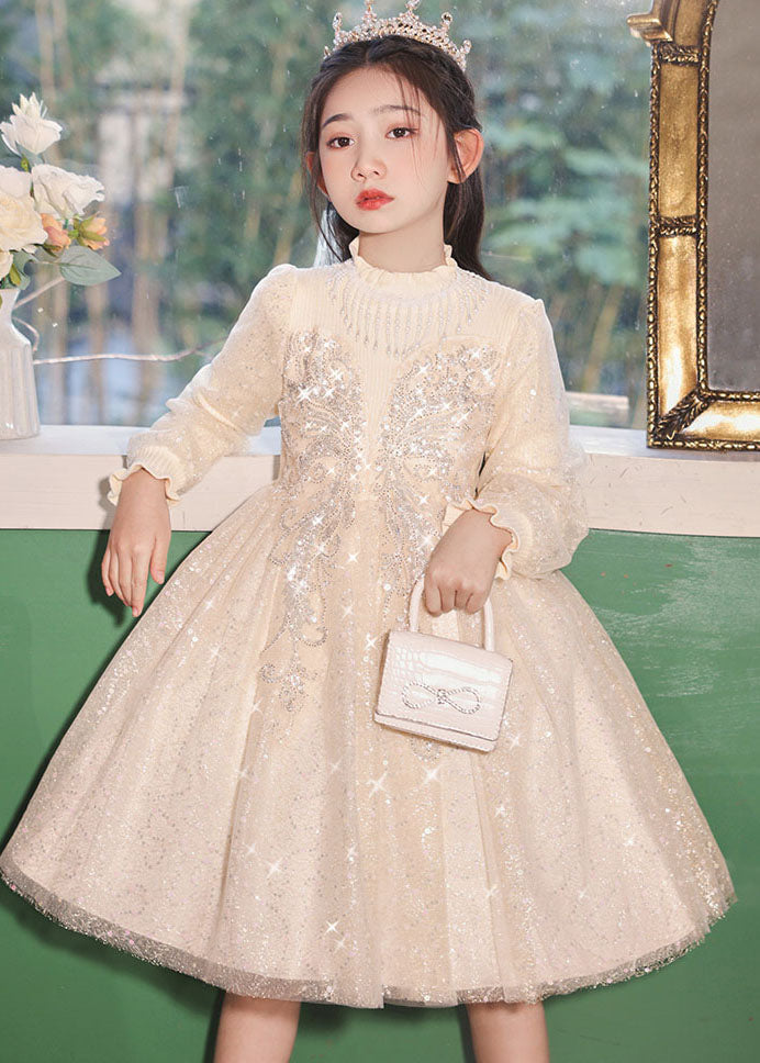 Casual Champagne Stand Collar Nail Bead Tulle Kids Long Dress Fall QV020