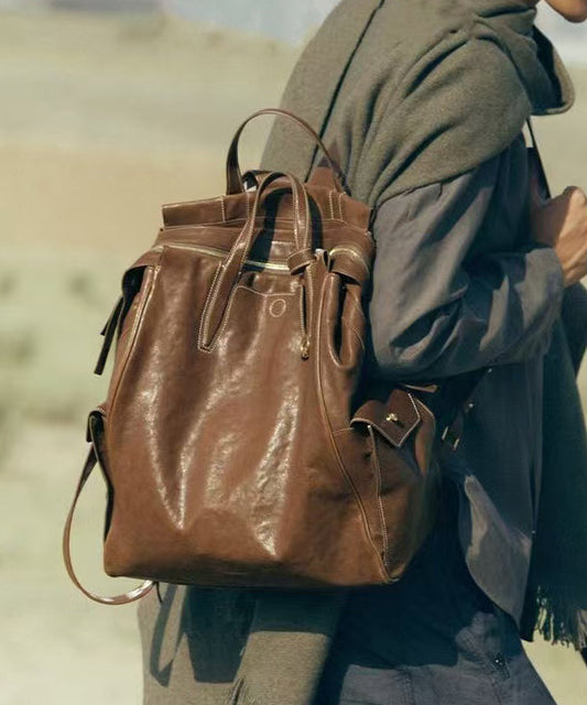 Casual Leather Bag Backpack Durable Chocolate Oversize Solid