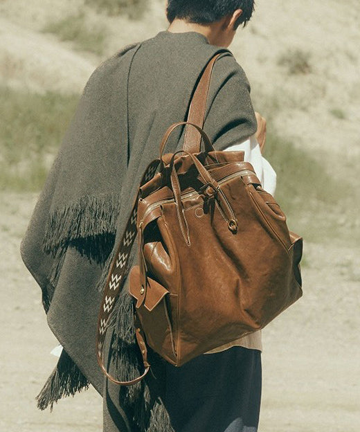 Casual Leather Bag Backpack Durable Chocolate Oversize Solid