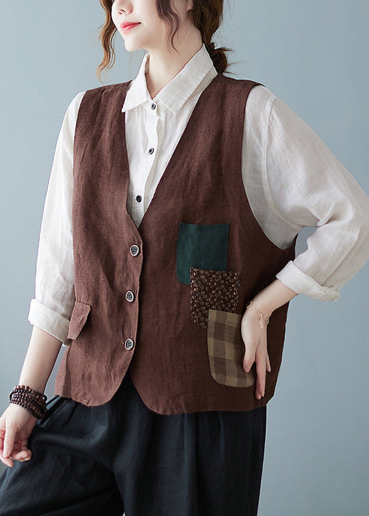 Casual Coffee V Neck Pockets Button Cotton Vest Tops Sleeveless OO010