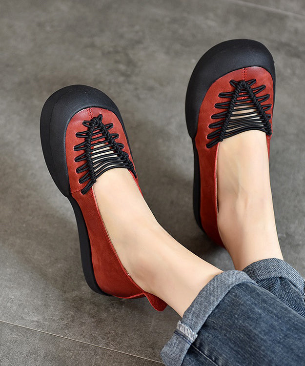 Casual Feet Comfortable Splicing Red Flat Shoes Cowhide Leather