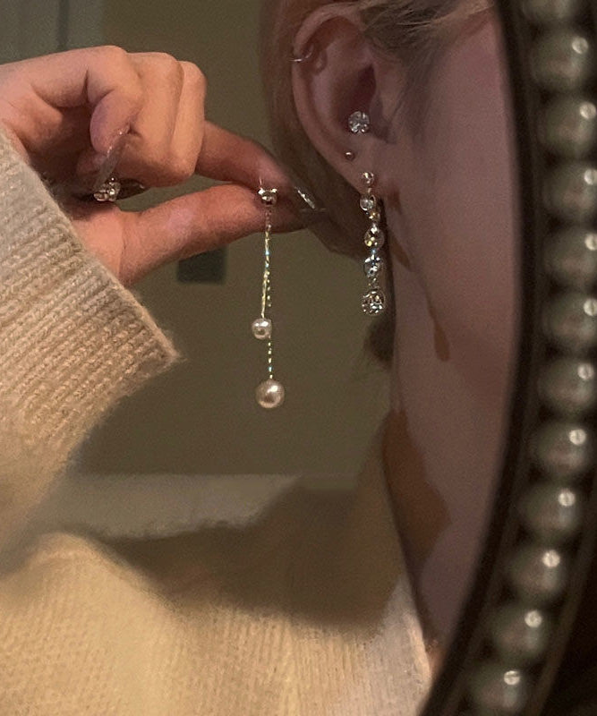 Drop Zircon Copper Gold Alloy Casual Tassel Earrings Pearl