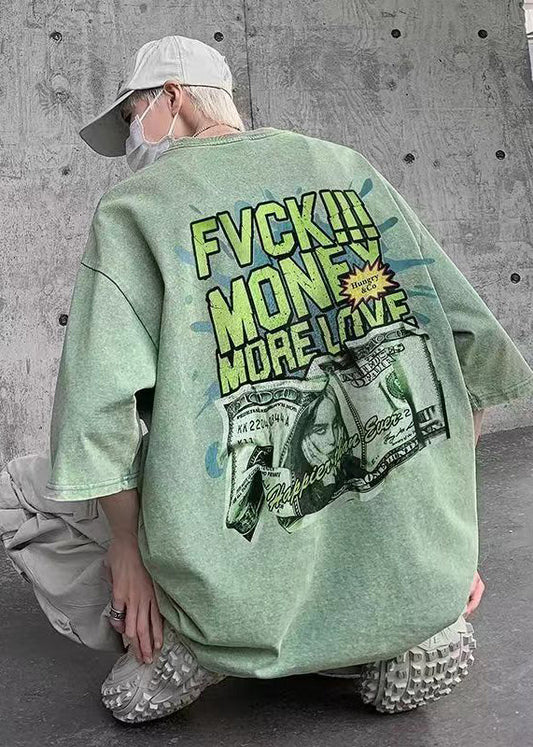 Cotton Casual Tees Graphic Grass Oversized Print Summer Men Green