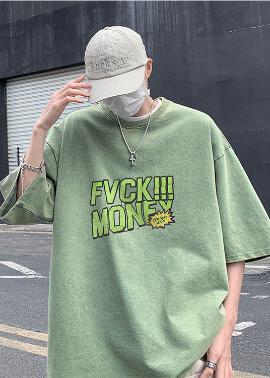 Cotton Casual Tees Graphic Grass Oversized Print Summer Men Green