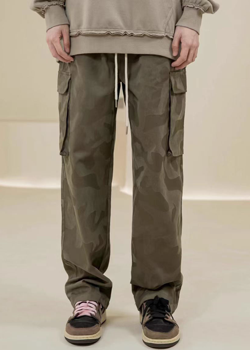 Camouflage Casual Mens Pockets Green Embroideried Pants Cotton