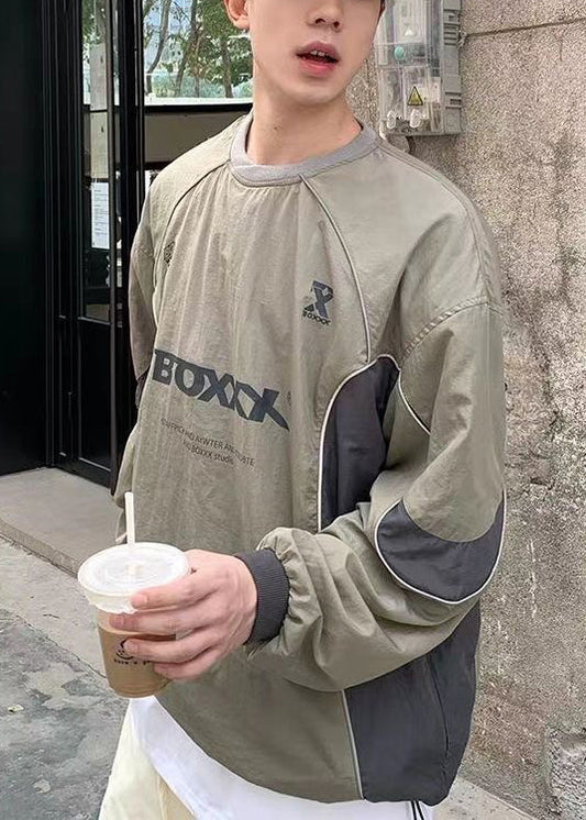 Shirt T Letter Cotton Casual Drawstring Patchwork Green Mens