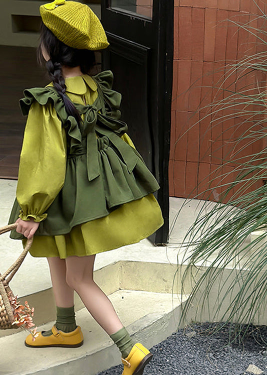 Casual Green Peter Pan Collar Ruffled Kids Long Waistcoat And Mid DressTwo Pieces Set Long Sleeve SS1033