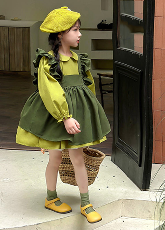 Casual Green Peter Pan Collar Ruffled Kids Long Waistcoat And Mid DressTwo Pieces Set Long Sleeve SS1033