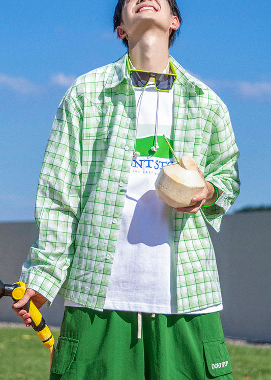 Oversized Green Cotton Plaid Spring Casual Shirts Button Men