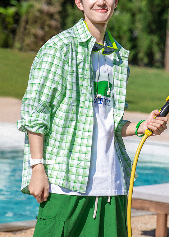 Oversized Green Cotton Plaid Spring Casual Shirts Button Men