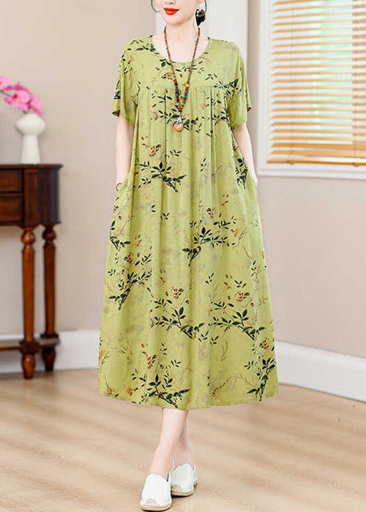 Casual Green Print Pockets Silk Cotton Long Dresses Summer QB013