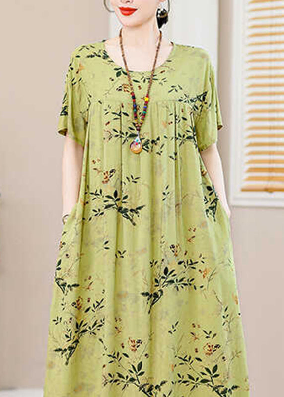 Casual Green Print Pockets Silk Cotton Long Dresses Summer QB013