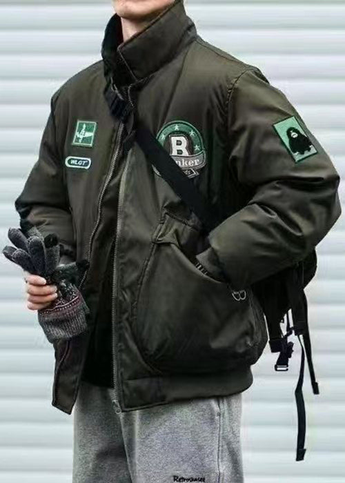 Casual Green Stand Collar Pockets Patch Men Parkas Spring TC003
