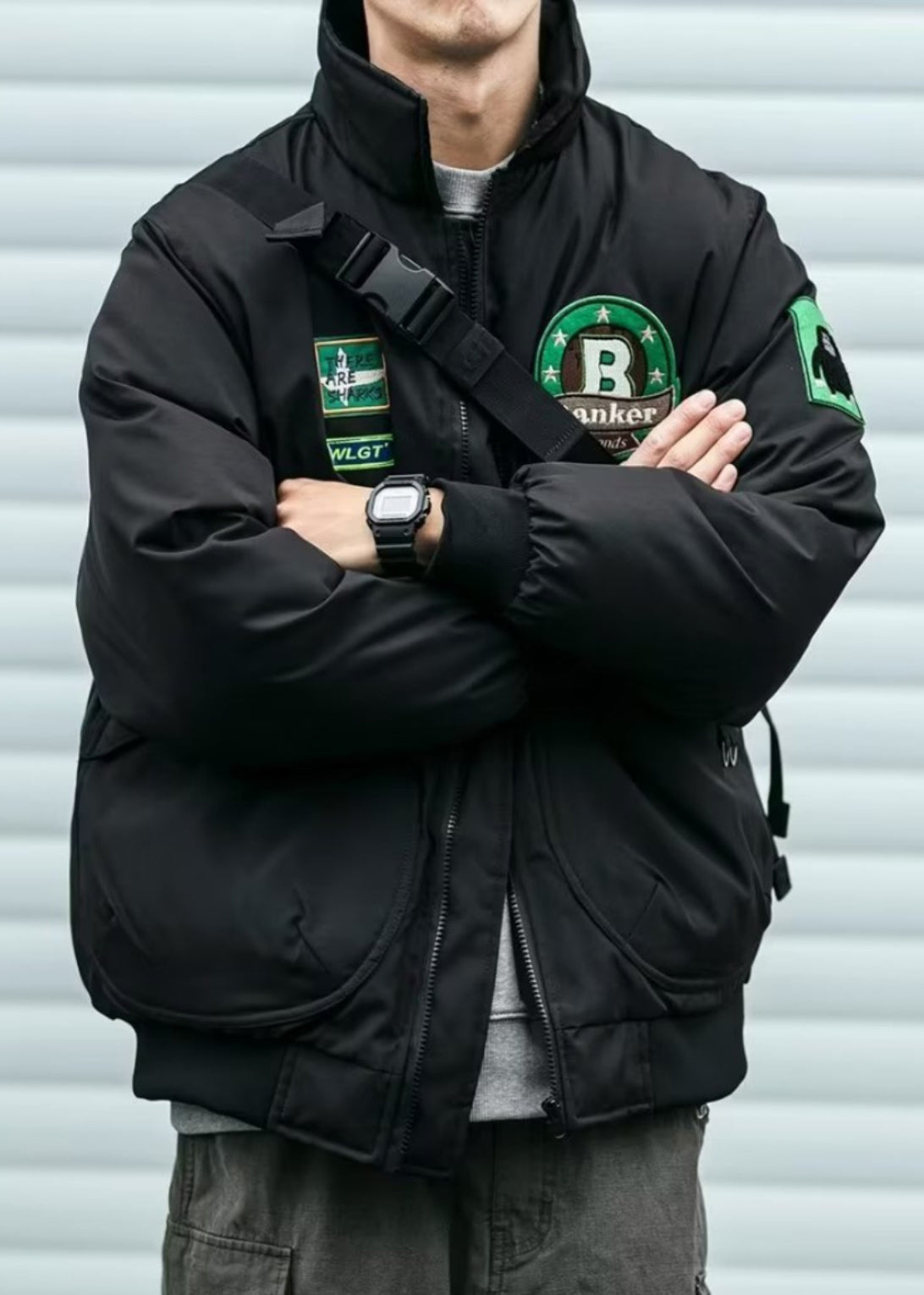 Casual Green Stand Collar Pockets Patch Men Parkas Spring TC003