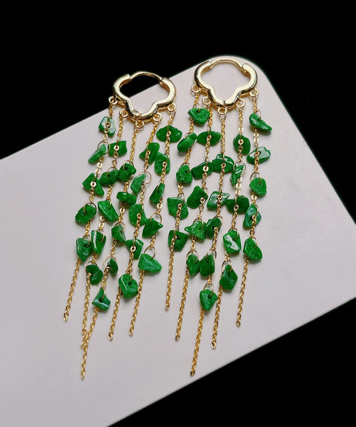 Casual Green Sterling Silver 14K Gold Jade Tassel Drop Earrings KX1003