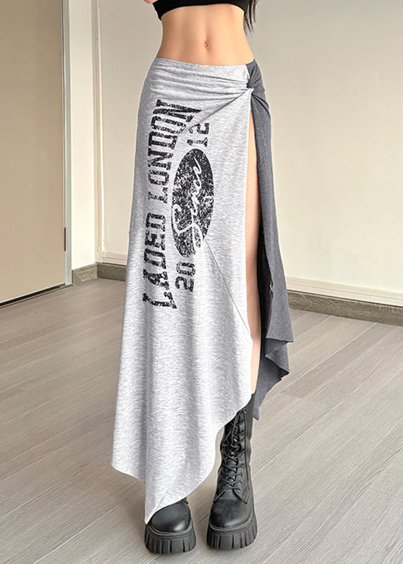 Graphic Casual Wrinkled Grey Asymmetrical Maxi Tassel Skirts