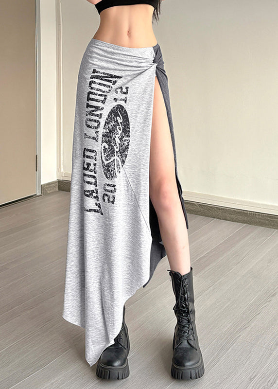 Graphic Casual Wrinkled Grey Asymmetrical Maxi Tassel Skirts