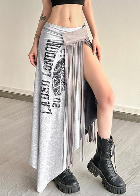 Graphic Casual Wrinkled Grey Asymmetrical Maxi Tassel Skirts