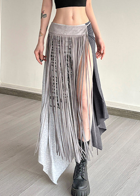 Graphic Casual Wrinkled Grey Asymmetrical Maxi Tassel Skirts