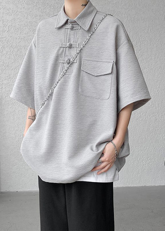 Shirt Oversized Men Casual Grey Pockets Half Cotton Polo Button