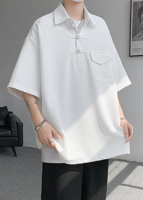 Shirt Oversized Men Casual Grey Pockets Half Cotton Polo Button