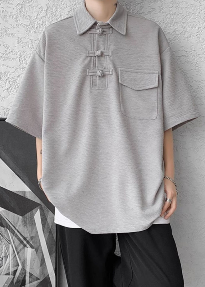 Shirt Oversized Men Casual Grey Pockets Half Cotton Polo Button