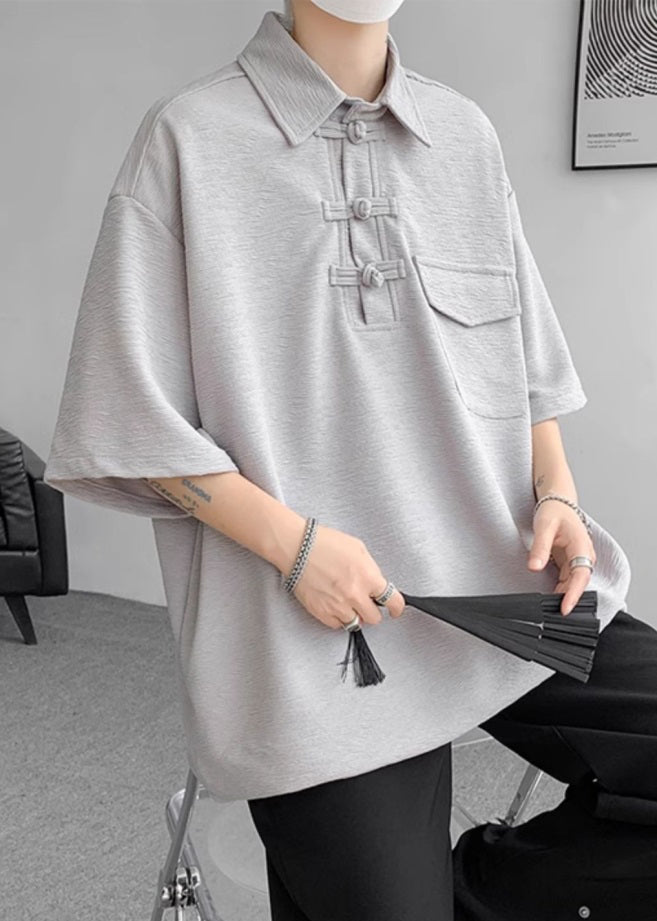 Shirt Oversized Men Casual Grey Pockets Half Cotton Polo Button