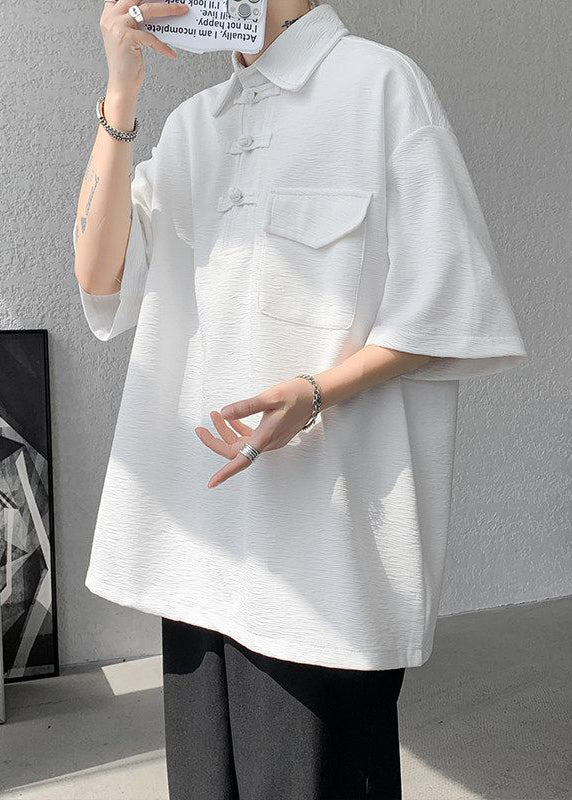 Shirt Oversized Men Casual Grey Pockets Half Cotton Polo Button