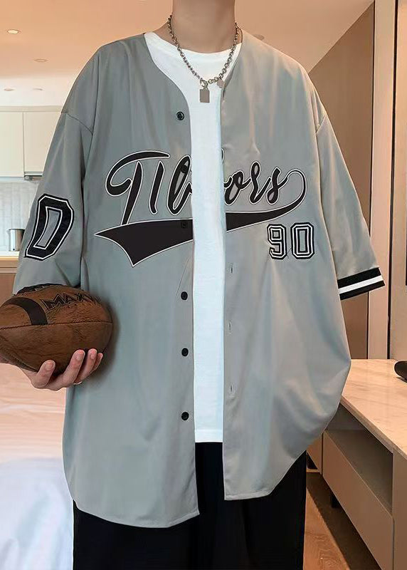 Half Print Shirts Mens Cotton Button Sleeve Grey Casual