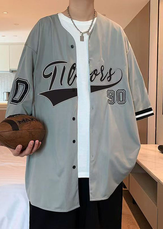 Half Print Shirts Mens Cotton Button Sleeve Grey Casual