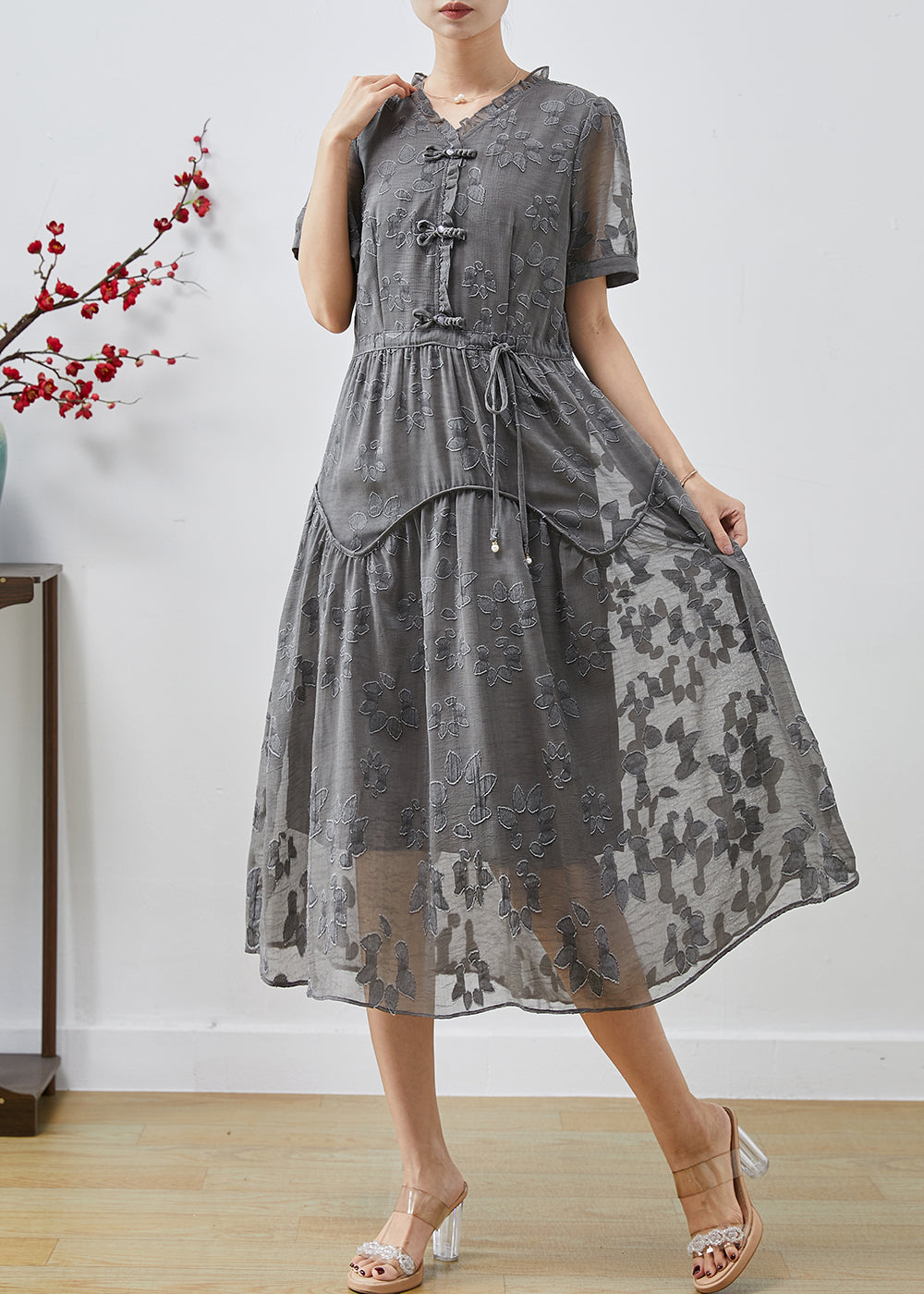 Casual Grey Cinched Jacquard Chiffon Dress Summer AP1068