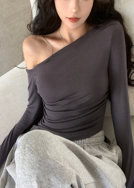 Shoulder Fall Cold Casual Grey Cotton Top